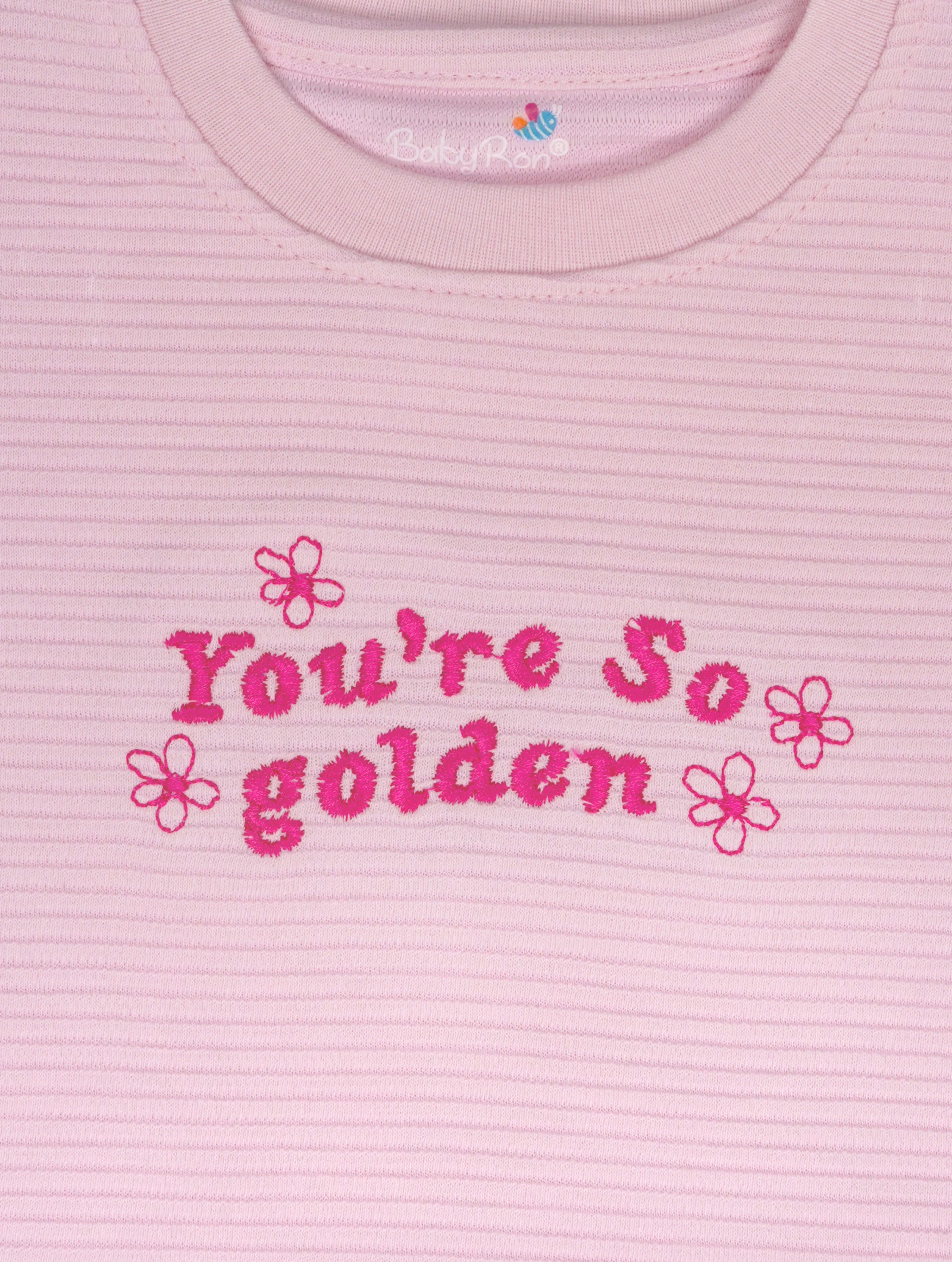 Rosy Pink — BabyRon Golden premium organic cotton baby pyjama set worn by baby girl model, soft breathable baby wear for 0–12 months, gentle on sensitive skin, premium baby clothing India by BabyRon