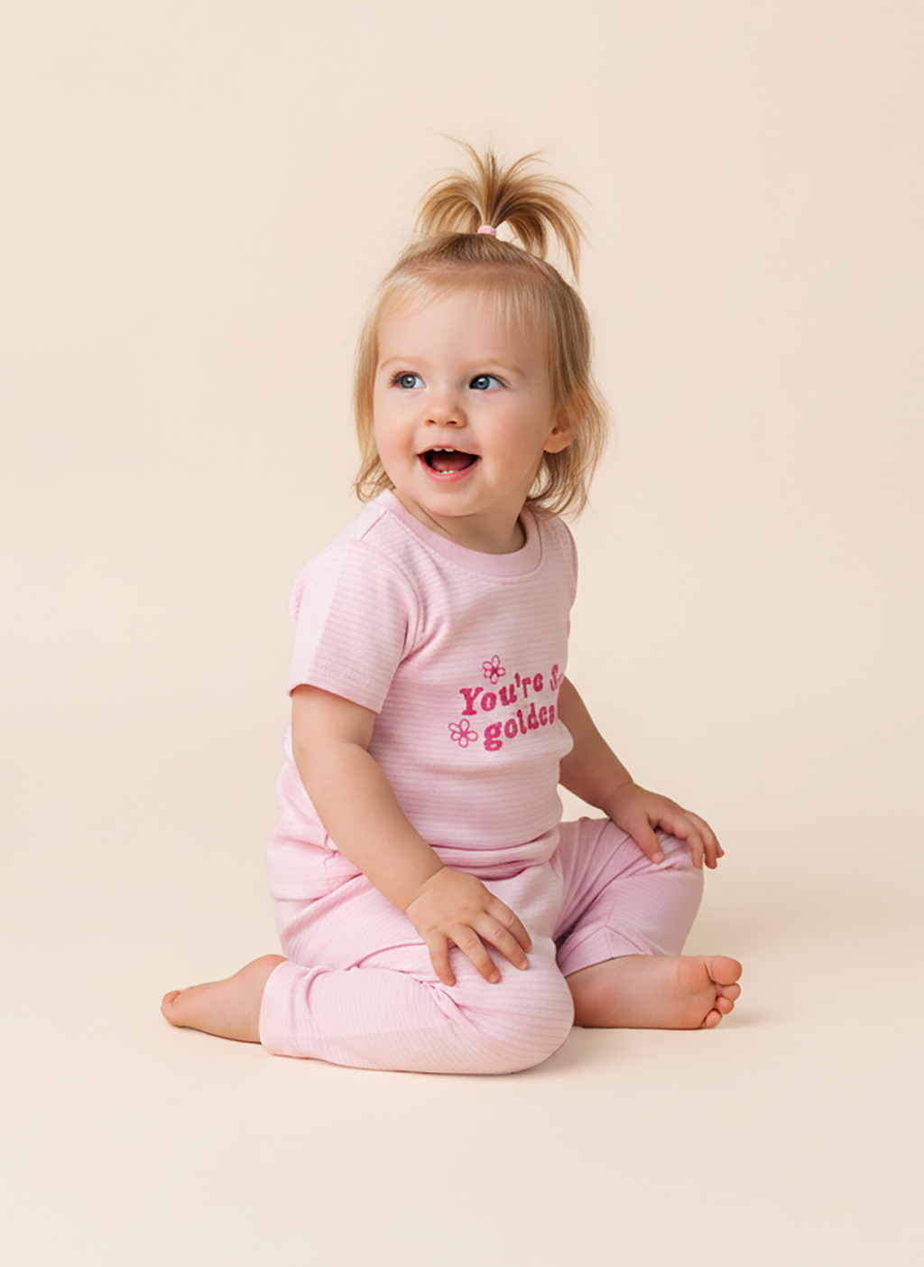 Rosy Pink — BabyRon Golden premium organic cotton baby pyjama set worn by baby girl model, soft breathable baby wear for 0–12 months, gentle on sensitive skin, premium baby clothing India by BabyRon