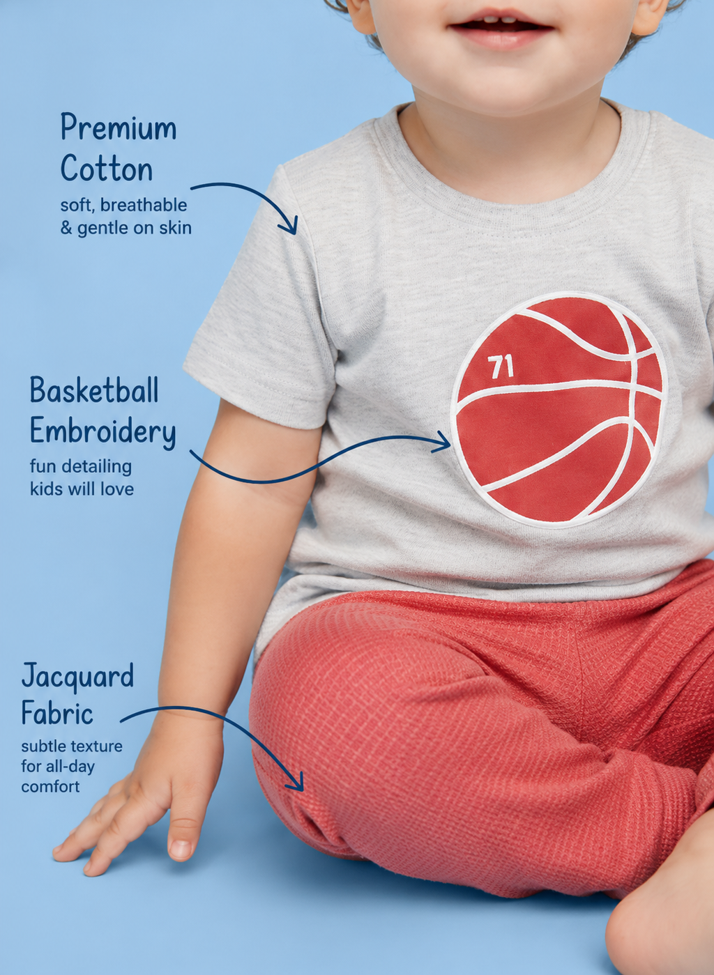 Rustic Clay — BabyRon Bounce organic cotton baby romper set worn by baby boy model, soft cotton baby clothes for sensitive skin, premium baby clothes India and sustainable baby clothing India by BabyRon