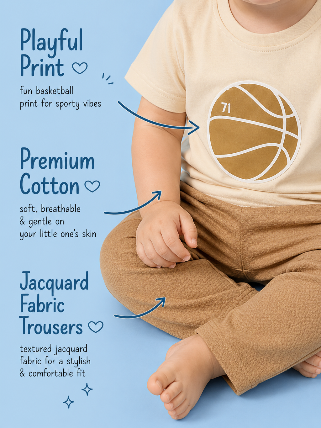 Sand Dune — BabyRon Bounce organic cotton baby romper set worn by baby boy model, soft cotton baby clothes for sensitive skin, premium baby clothes India and sustainable baby clothing India by BabyRon