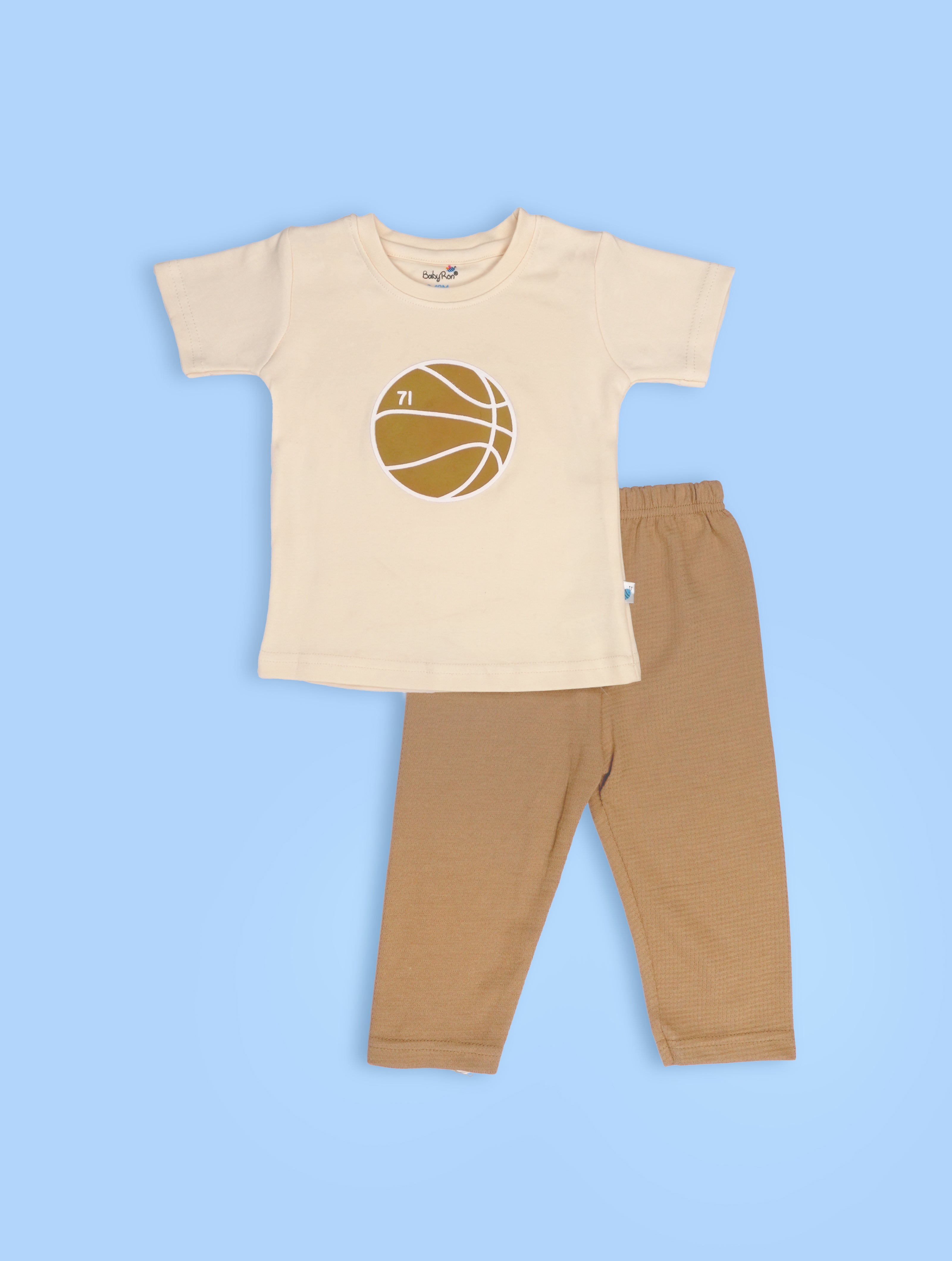 Sand Dune — BabyRon Bounce organic cotton baby romper set worn by baby boy model, soft cotton baby clothes for sensitive skin, premium baby clothes India and sustainable baby clothing India by BabyRon