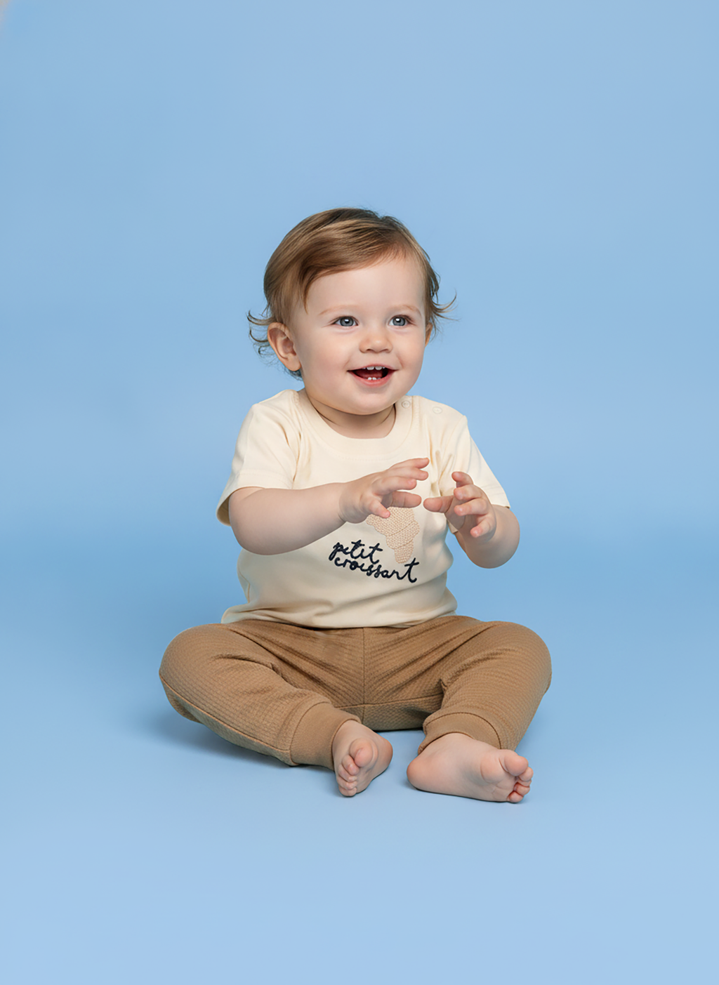 Sand Dune — BabyRon Croissant premium organic cotton baby pyjama set worn by baby boy model, soft breathable baby wear for 0–12 months, gentle on sensitive skin, premium baby clothing India by BabyRon