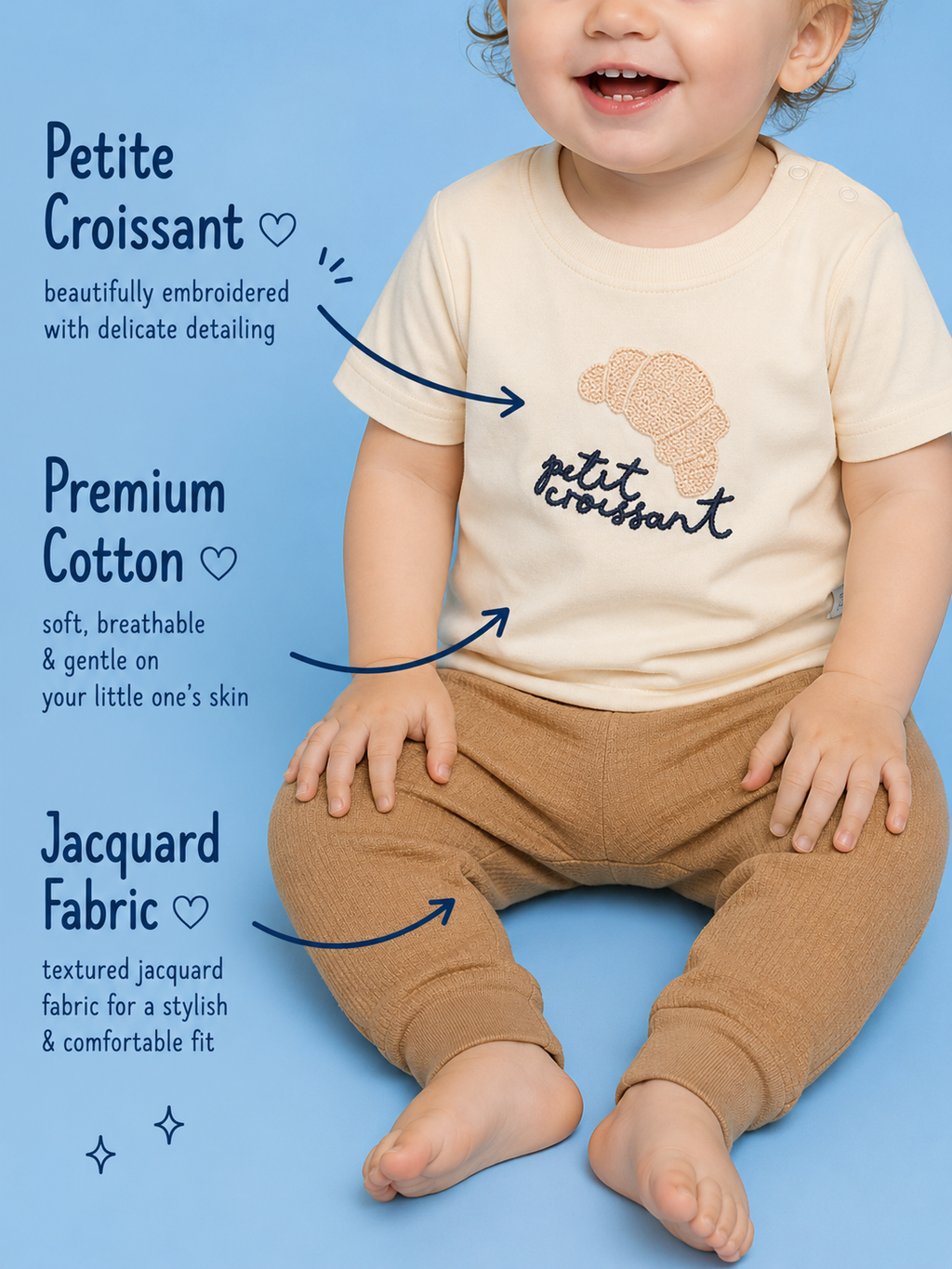 Sand Dune — BabyRon Croissant premium organic cotton baby pyjama set worn by baby boy model, soft breathable baby wear for 0–12 months, gentle on sensitive skin, premium baby clothing India by BabyRon