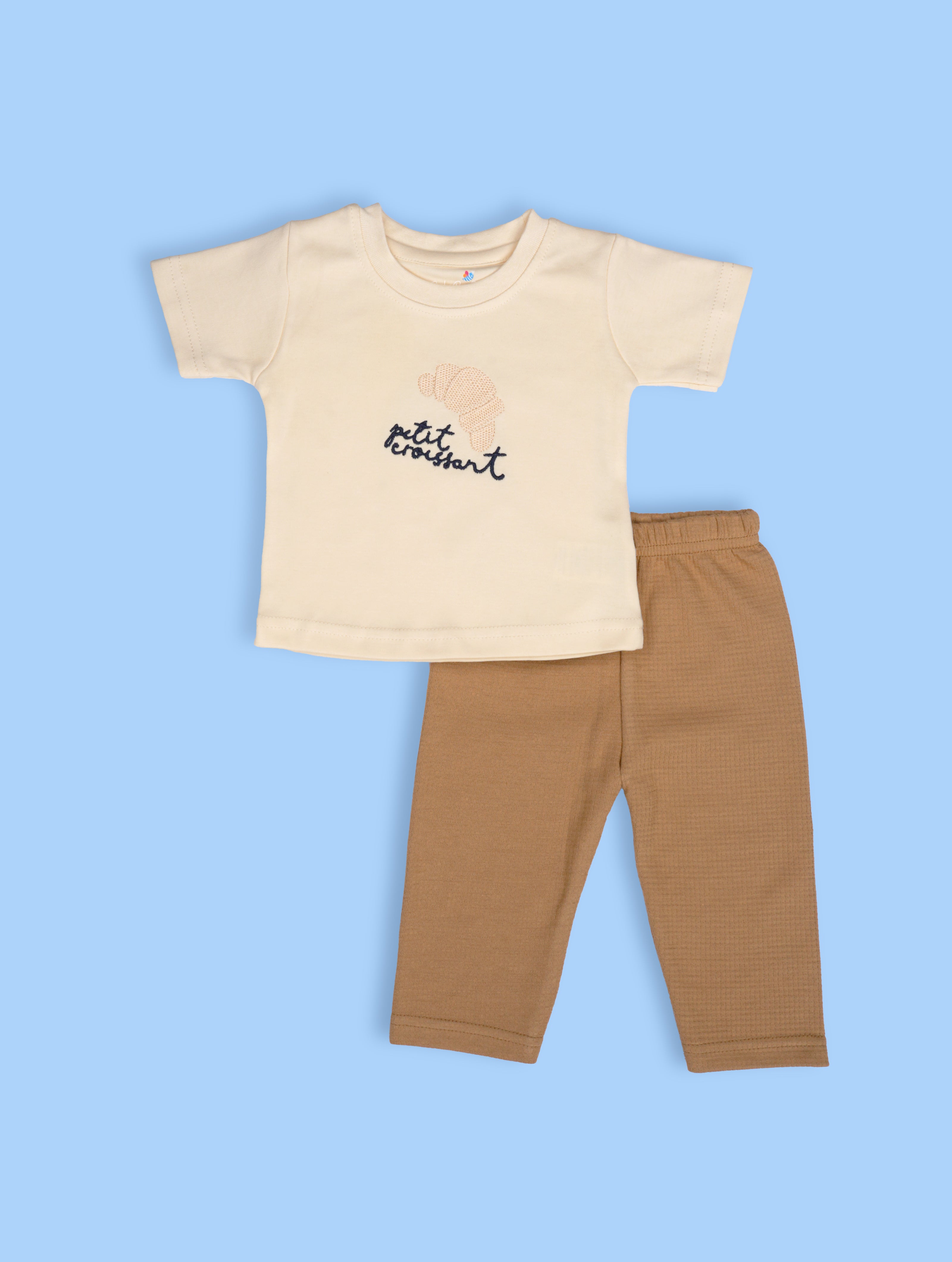 Sand Dune — BabyRon Croissant premium organic cotton baby pyjama set worn by baby boy model, soft breathable baby wear for 0–12 months, gentle on sensitive skin, premium baby clothing India by BabyRon