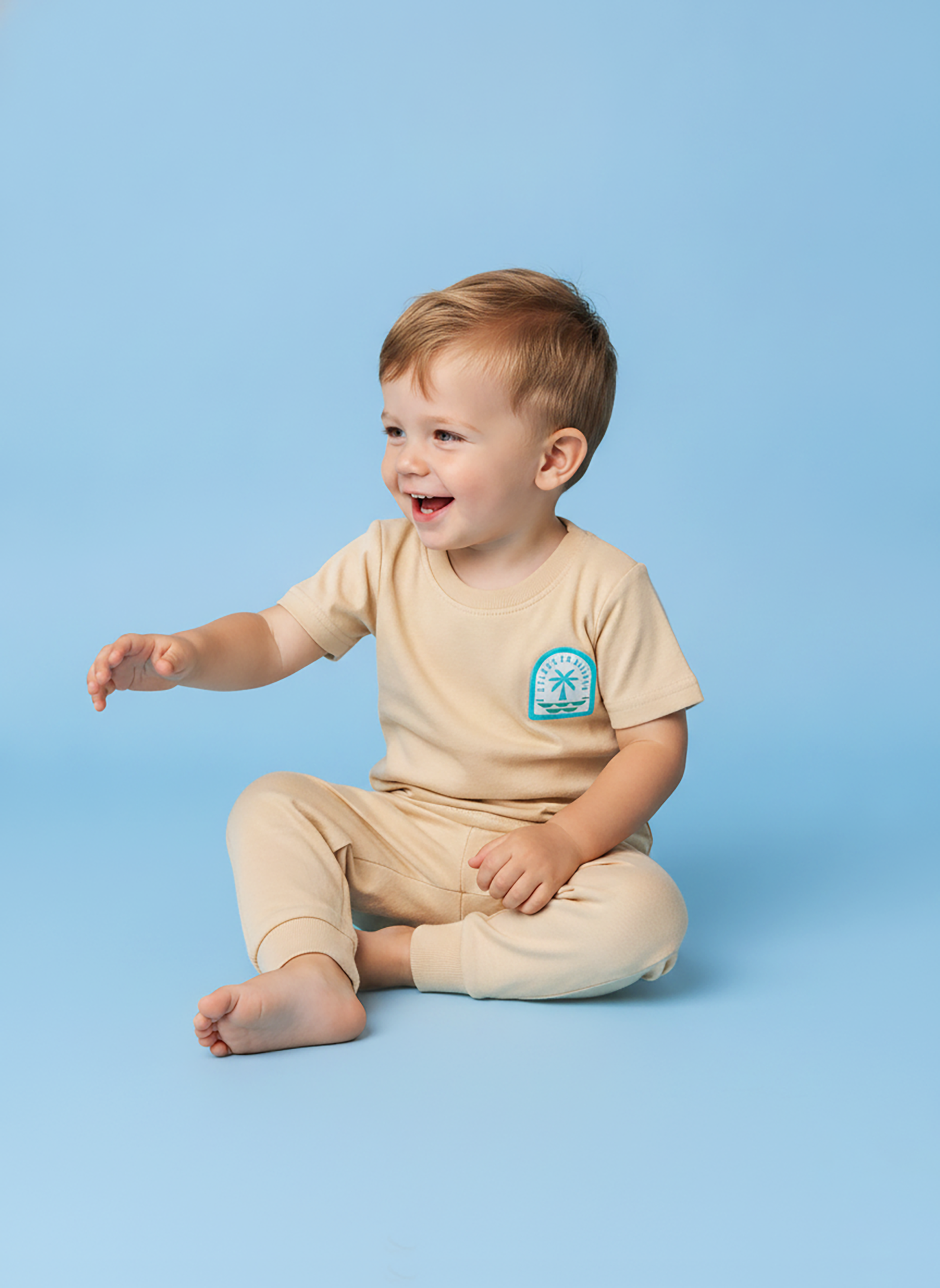 Soft Sand — BabyRon Breeze premium organic cotton baby pyjama set worn by baby boy model, soft breathable baby wear for 0–12 months, gentle on sensitive skin, premium baby clothing India by BabyRon