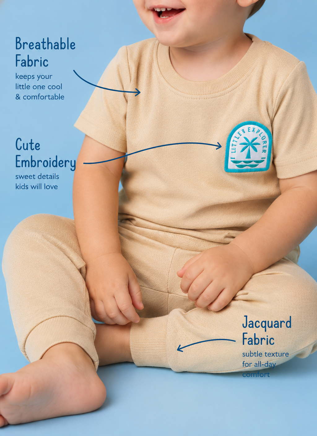 Soft Sand — BabyRon Breeze premium organic cotton baby pyjama set worn by baby boy model, soft breathable baby wear for 0–12 months, gentle on sensitive skin, premium baby clothing India by BabyRon