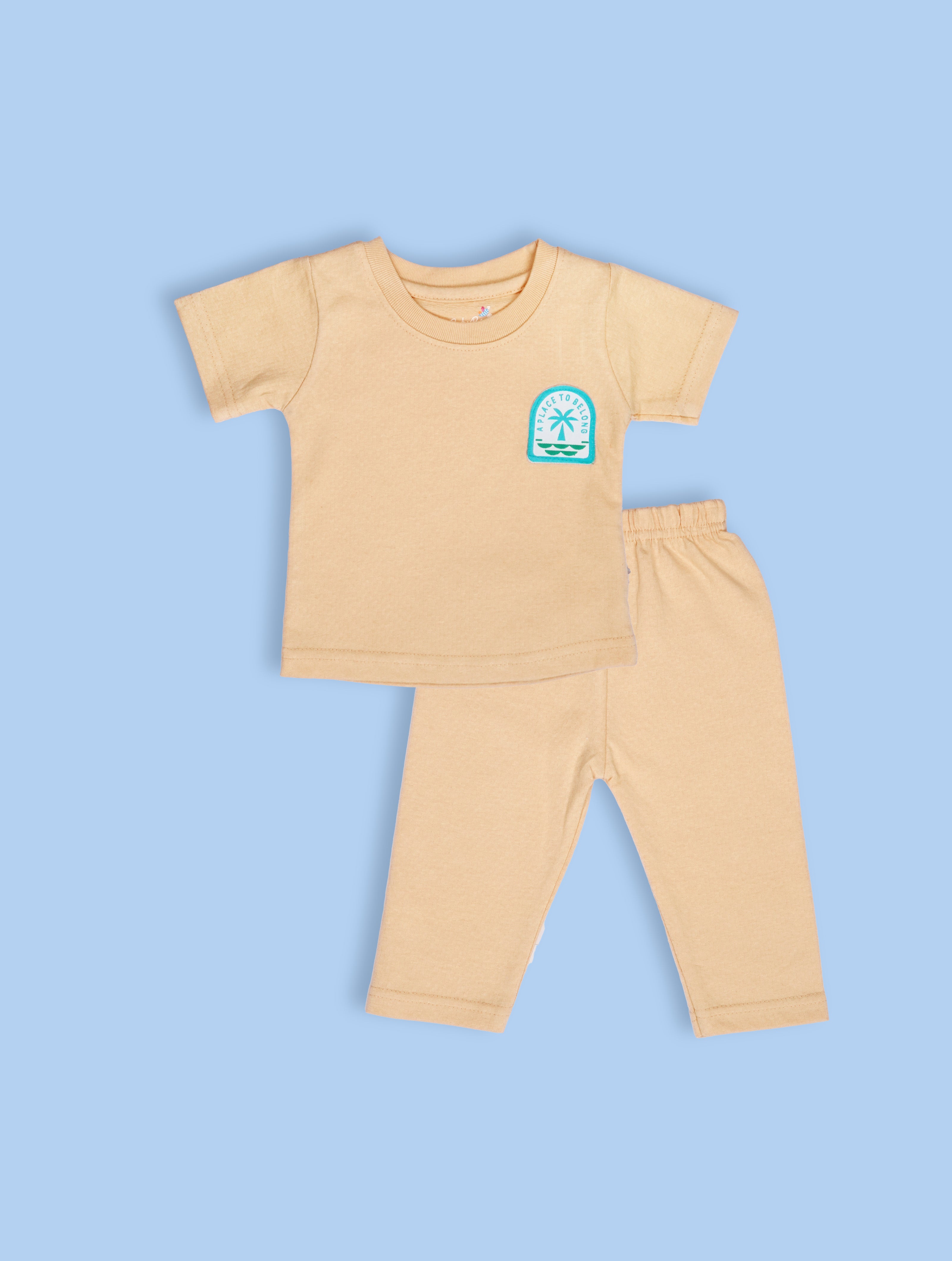 Soft Sand — BabyRon Breeze premium organic cotton baby pyjama set worn by baby boy model, soft breathable baby wear for 0–12 months, gentle on sensitive skin, premium baby clothing India by BabyRon