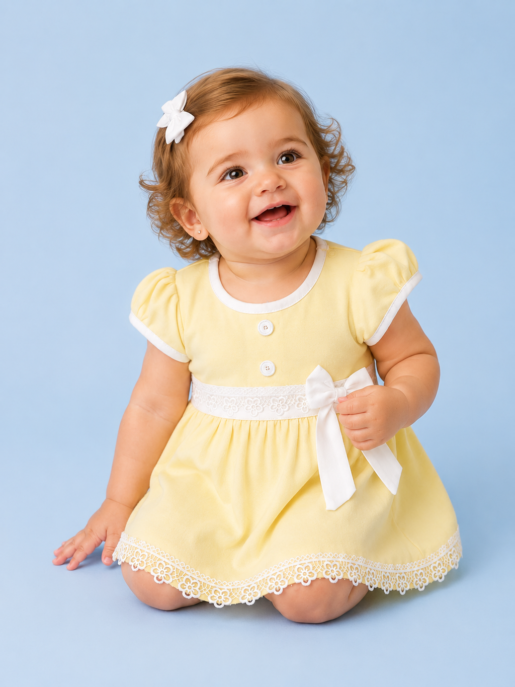 Sunshine Yellow — BabyRon Princess organic cotton baby dress worn by baby model, soft cotton baby clothes for sensitive skin, premium baby clothes India and sustainable baby clothing India by BabyRon