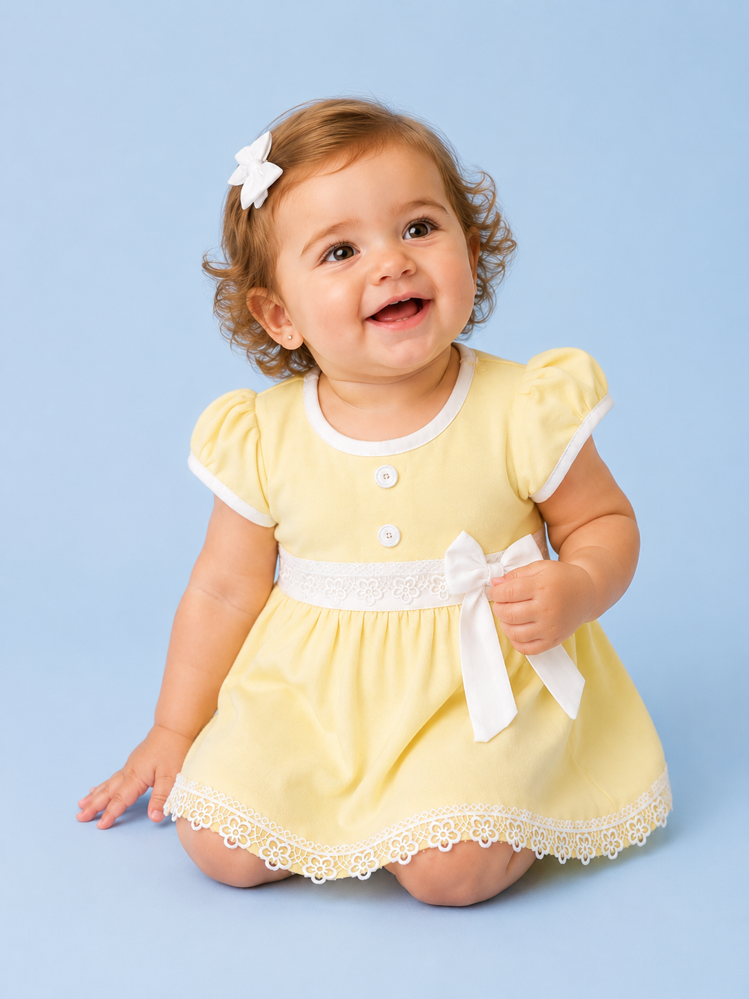 Sunshine Yellow — BabyRon Princess organic cotton baby dress worn by baby model, soft cotton baby clothes for sensitive skin, premium baby clothes India and sustainable baby clothing India by BabyRon