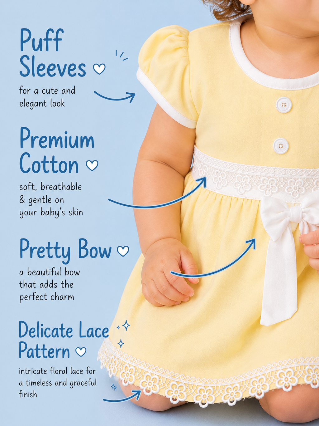 Sunshine Yellow — BabyRon Princess organic cotton baby dress worn by baby model, soft cotton baby clothes for sensitive skin, premium baby clothes India and sustainable baby clothing India by BabyRon