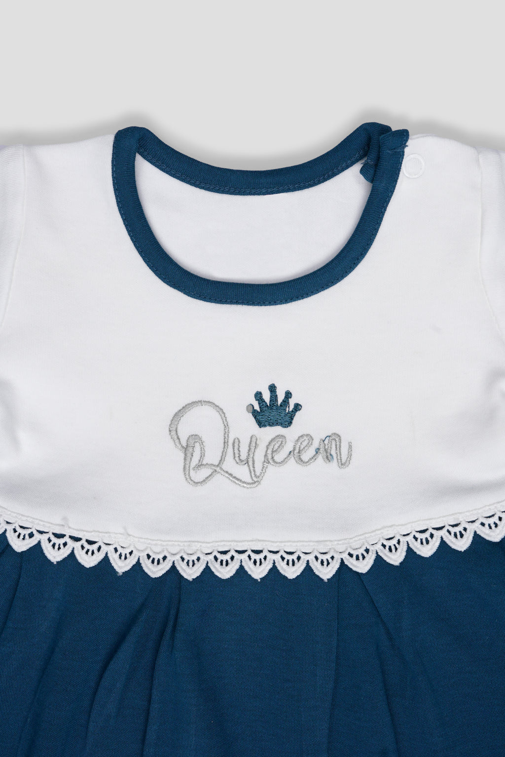 Twilight Blue — BabyRon Queen premium organic cotton baby pyjama set worn by baby girl model, soft breathable baby wear for 0–12 months, gentle on sensitive skin, premium baby clothing India by BabyRon