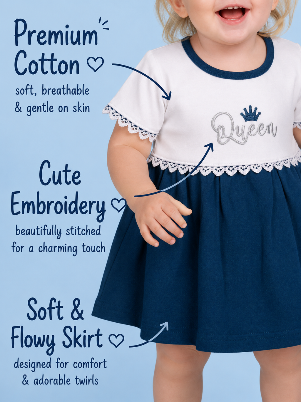 Twilight Blue — BabyRon Queen premium organic cotton baby pyjama set worn by baby girl model, soft breathable baby wear for 0–12 months, gentle on sensitive skin, premium baby clothing India by BabyRon