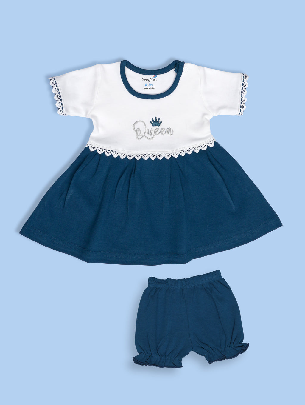 Twilight Blue — BabyRon Queen premium organic cotton baby pyjama set worn by baby girl model, soft breathable baby wear for 0–12 months, gentle on sensitive skin, premium baby clothing India by BabyRon