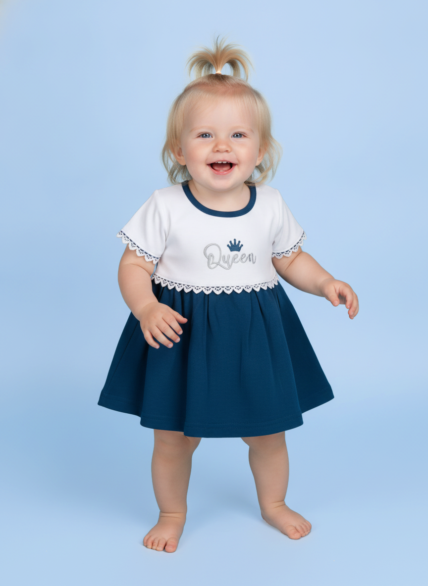 Twilight Blue — BabyRon Queen premium organic cotton baby pyjama set worn by baby girl model, soft breathable baby wear for 0–12 months, gentle on sensitive skin, premium baby clothing India by BabyRon