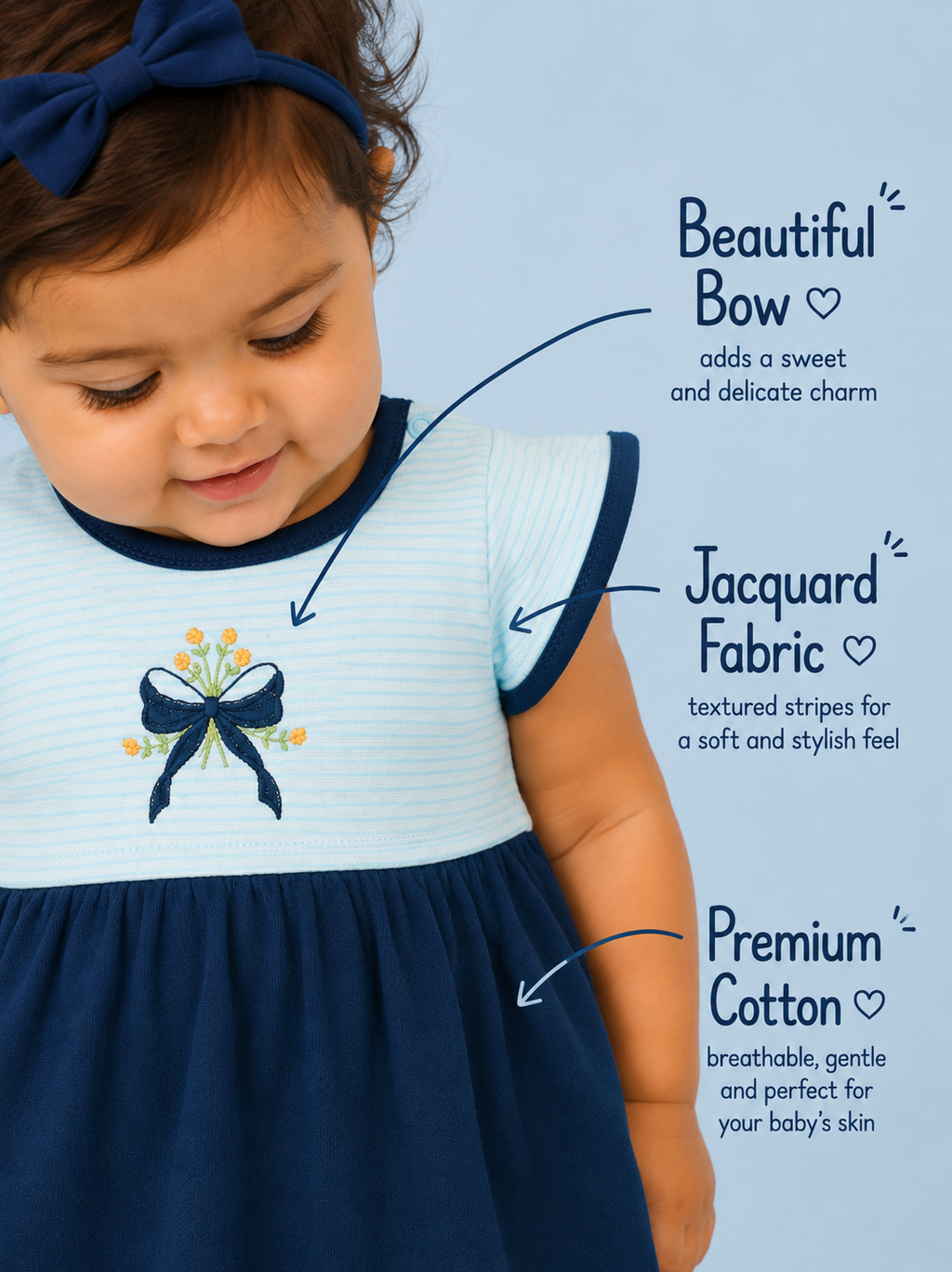 Twilight Blue — BabyRon Rosette organic cotton baby dress worn by baby model, soft cotton baby clothes for sensitive skin, premium baby clothes India and sustainable baby clothing India by BabyRon