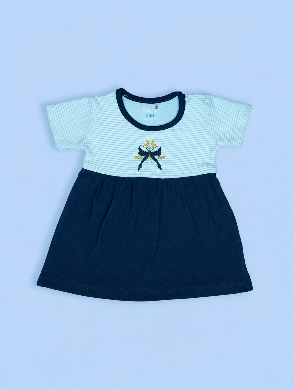 Twilight Blue — BabyRon Rosette organic cotton baby dress worn by baby model, soft cotton baby clothes for sensitive skin, premium baby clothes India and sustainable baby clothing India by BabyRon