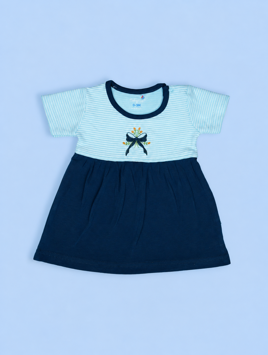 Twilight Blue — BabyRon Rosette organic cotton baby dress worn by baby model, soft cotton baby clothes for sensitive skin, premium baby clothes India and sustainable baby clothing India by BabyRon