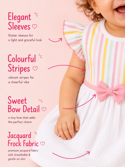 White Rosette — BabyRon Aurora organic cotton baby dress worn by baby model, soft cotton baby clothes for sensitive skin, premium baby clothes India and sustainable baby clothing India by BabyRon