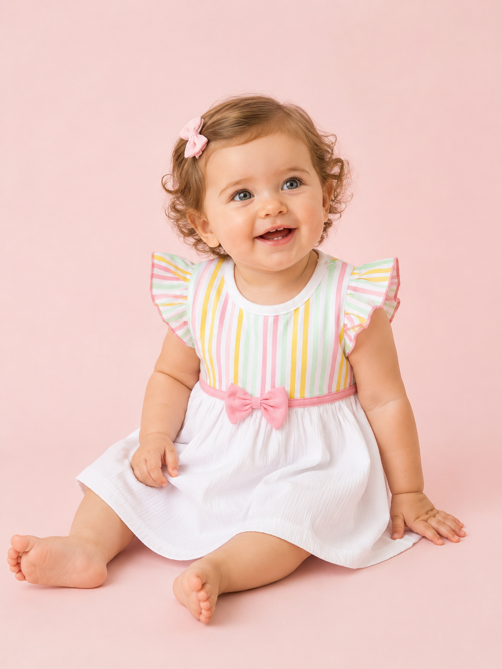 White Rosette — BabyRon Aurora organic cotton baby dress worn by baby model, soft cotton baby clothes for sensitive skin, premium baby clothes India and sustainable baby clothing India by BabyRon