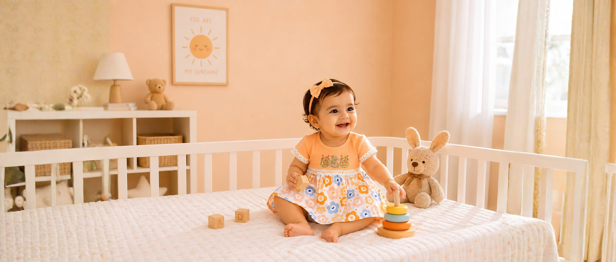 BabyRon organic cotton baby frock in peach floral print—premium baby clothes India—export quality babywear for newborn girls - soft cotton baby dress for sensitive skin by Ronak Fashion